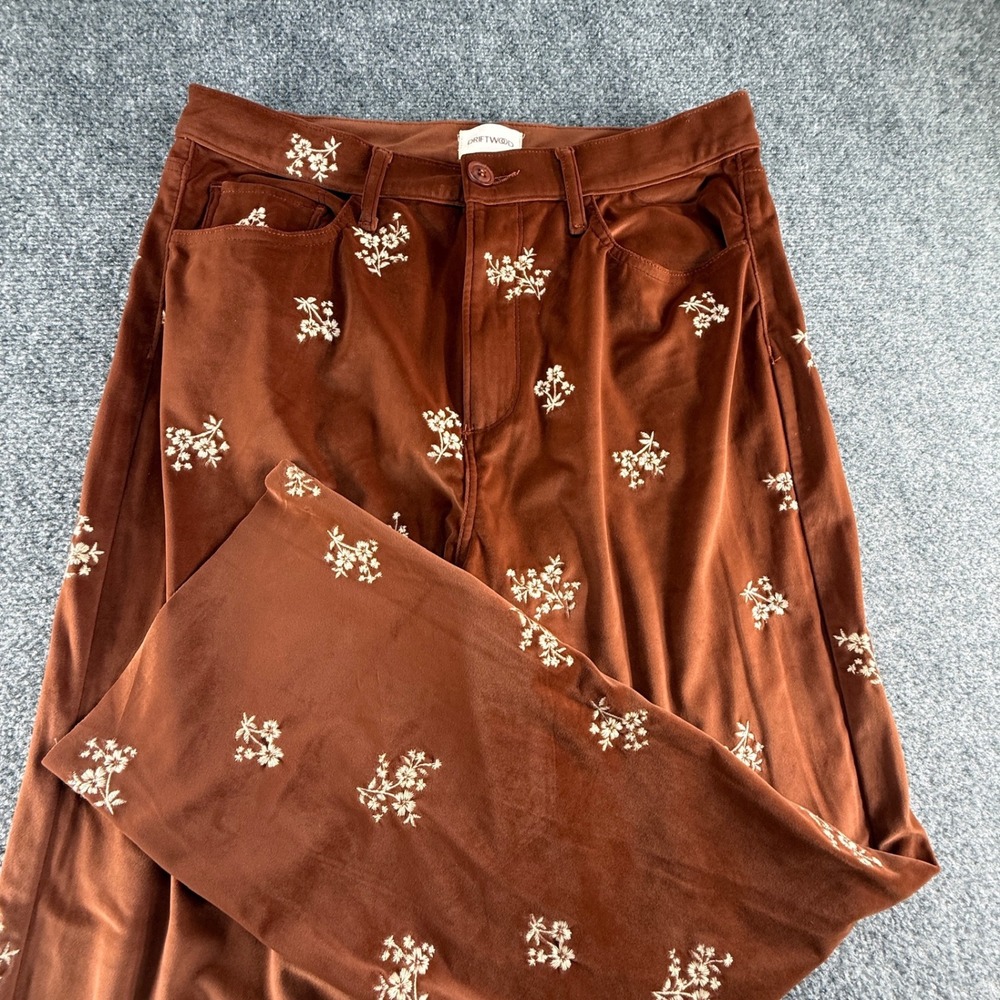 Driftwood Rust Brown Velvet Floral Embroidered Wide Leg Pants Size 30